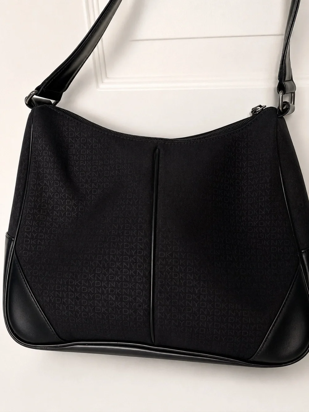 DKNY Black Jacquard Logo Shoulder Bag with Leather Trim